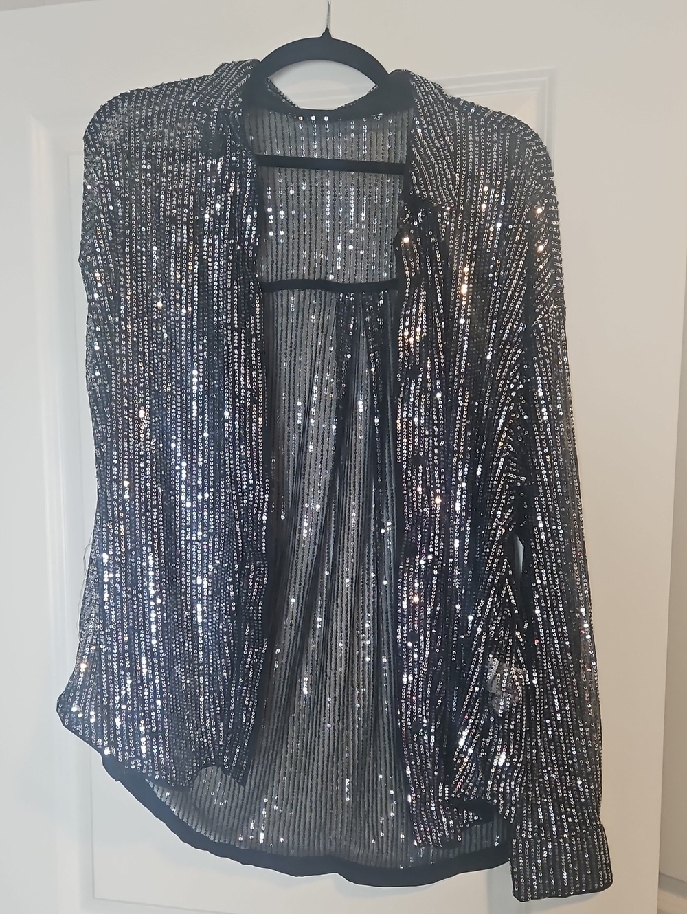 SHEIN Black Sequin Button-Down Shirt